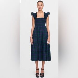 Hill House The Ellie Nap Dress Blackwatch Tartan Green Midi Smocked Dress